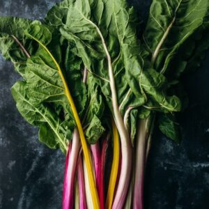 Five Colours chard with red, yellow, orange, and white stems.
